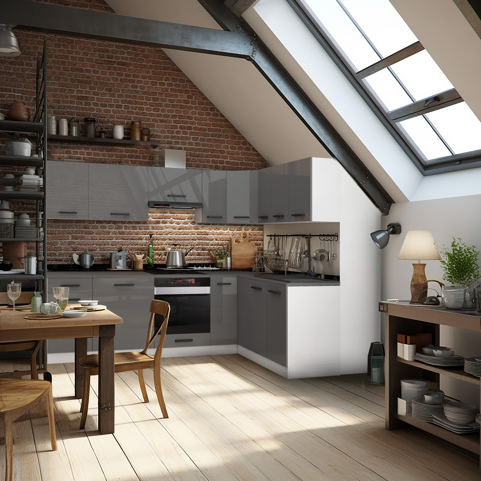 Cuisine loft sous combles, façades grises et mur de briques