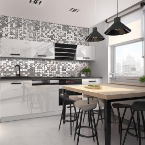 Cuisine noire et blanche avec crédence graphique