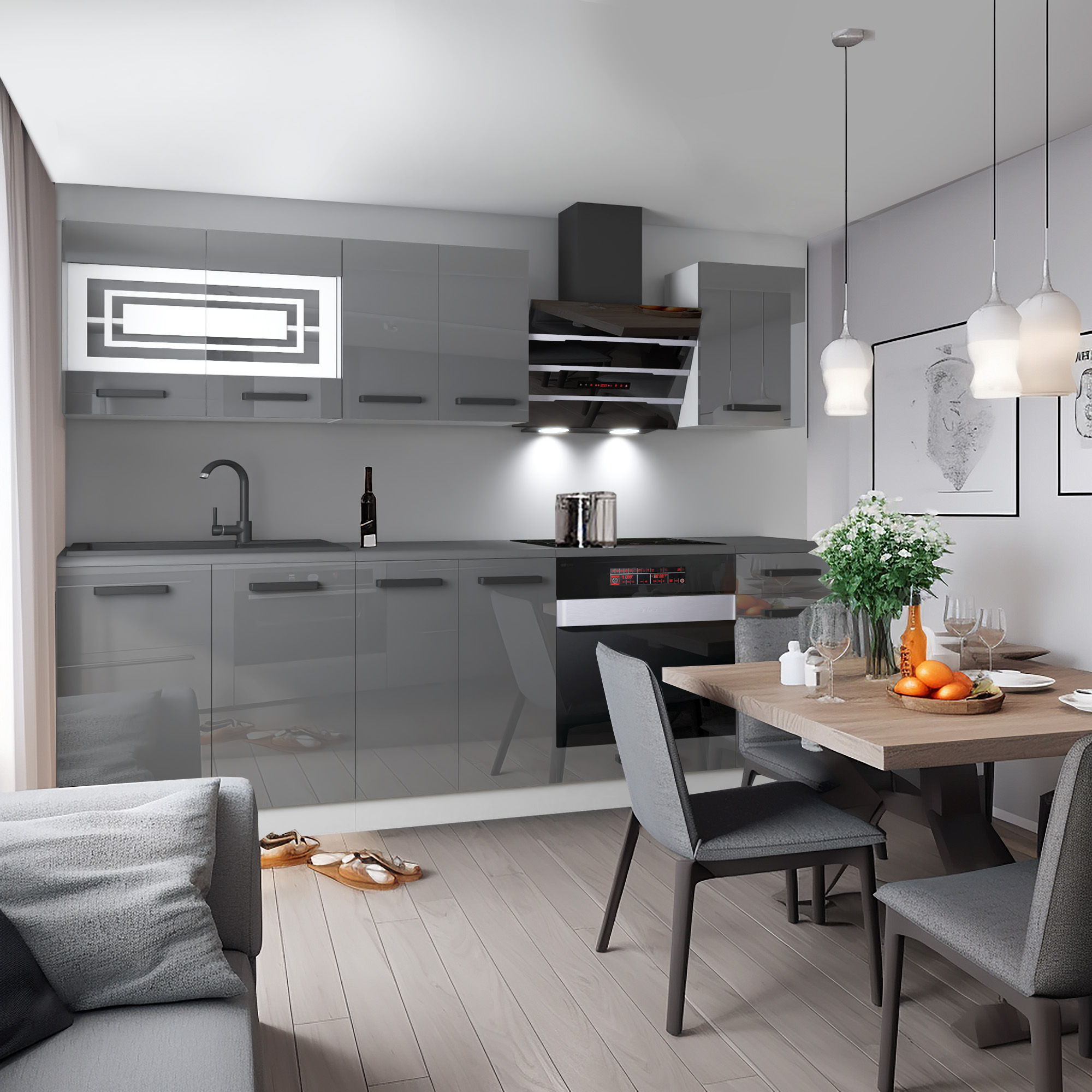 Cuisine grise brillante avec table en bois et LED
