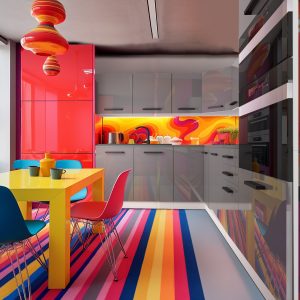 Cuisine colorée avec crédence orange et meubles gris laqués