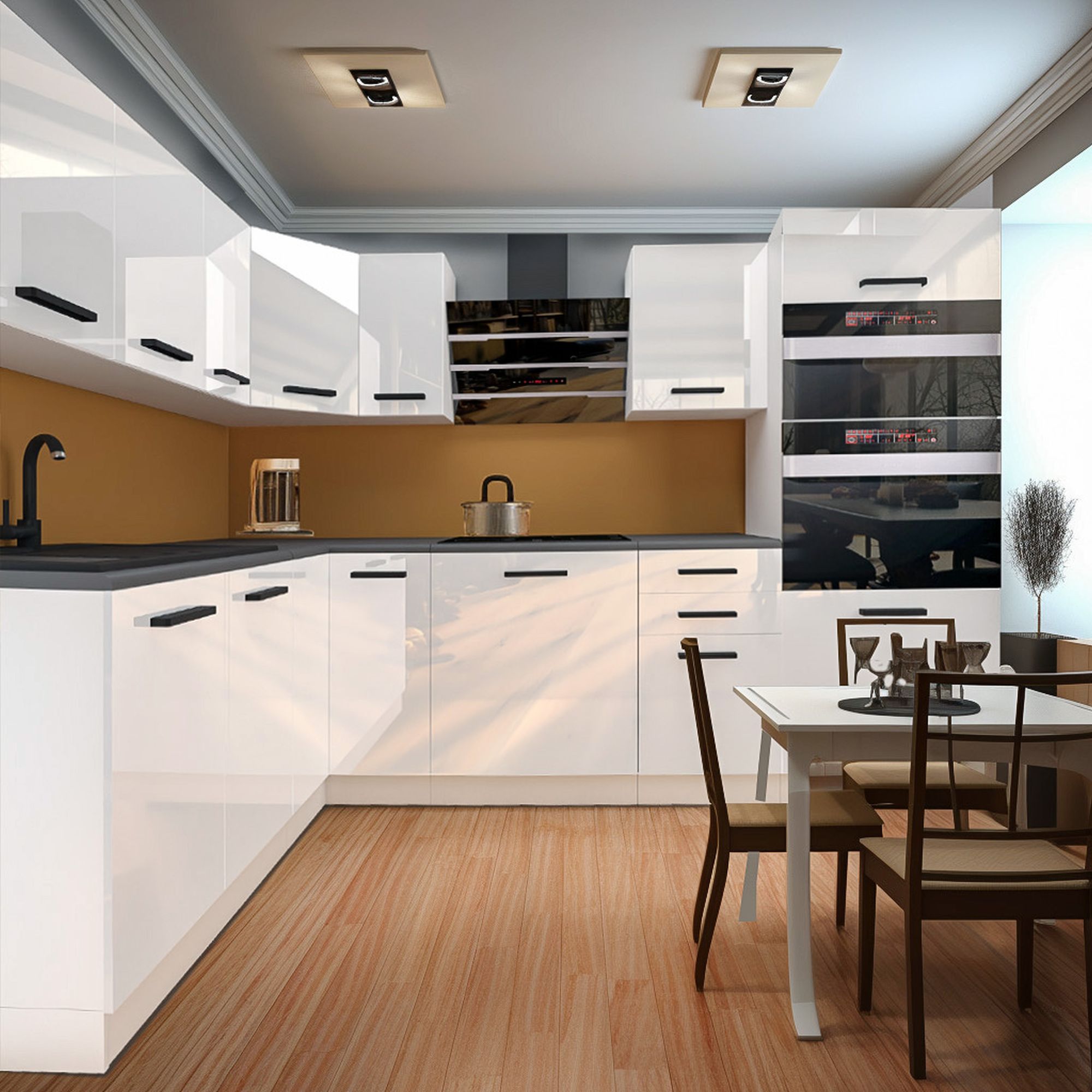 Cuisine en U, façades blanches, plan de travail noir
