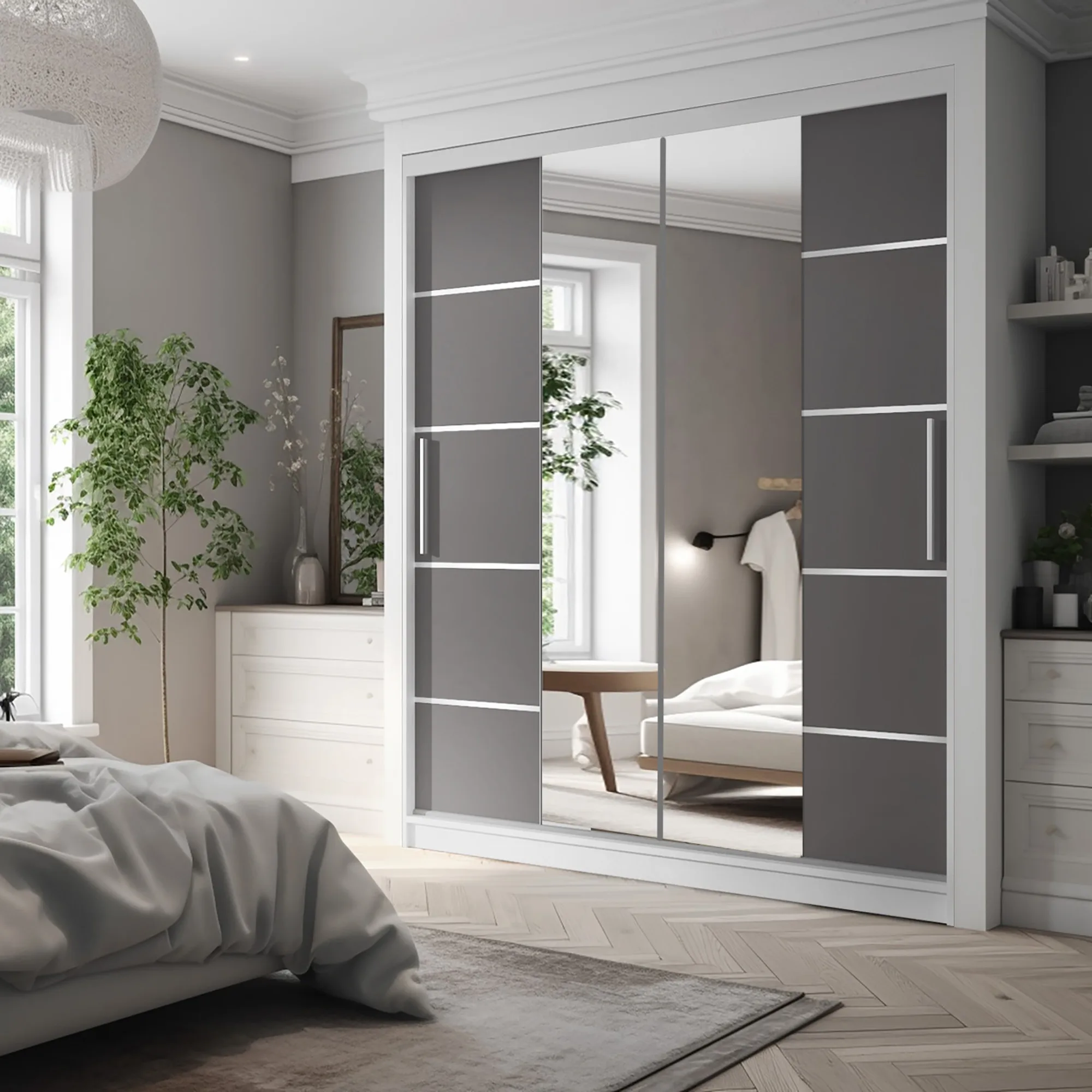 Armoire coulissante grise miroir dans une chambre douce