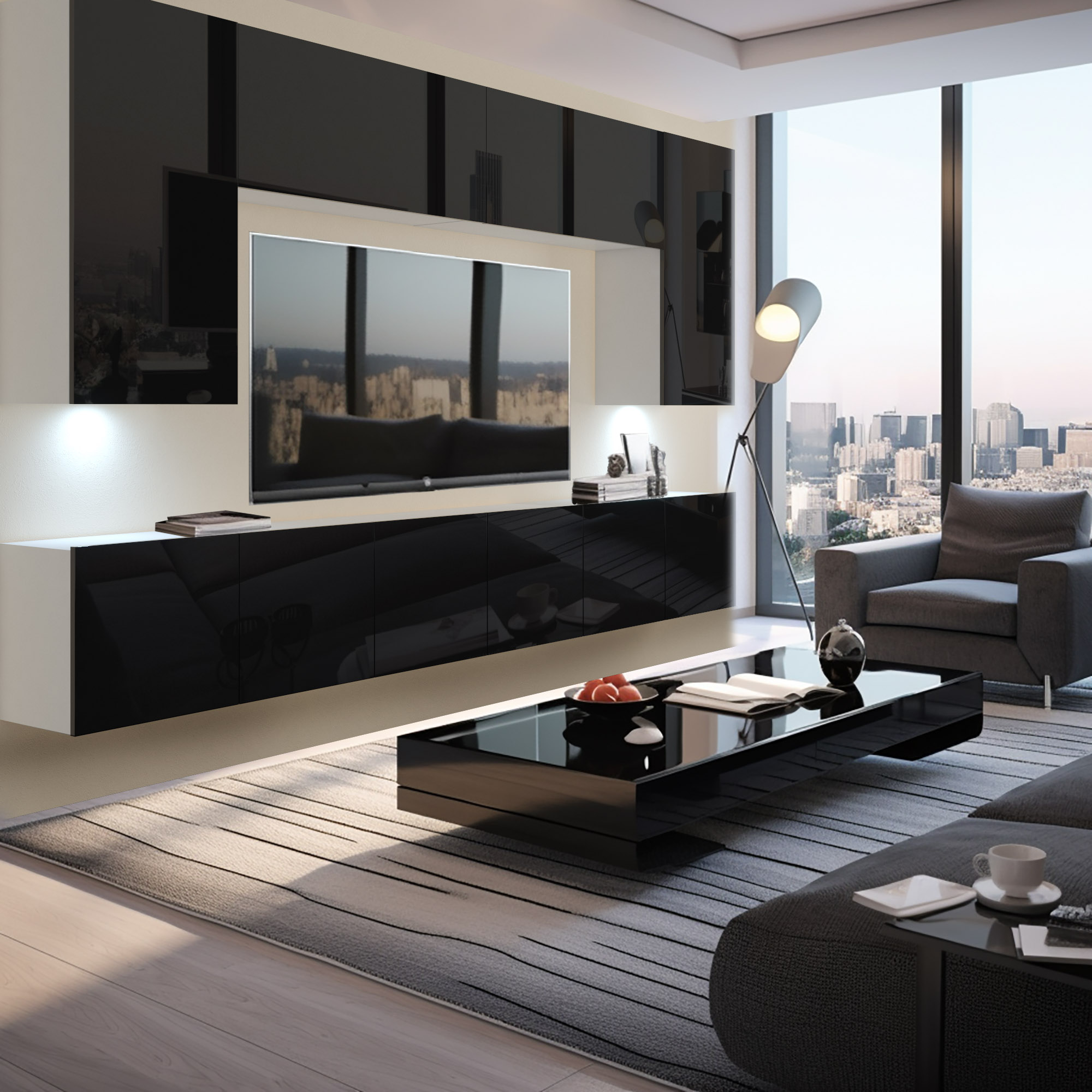 Salon avec mur TV noir brillant et table basse laquée