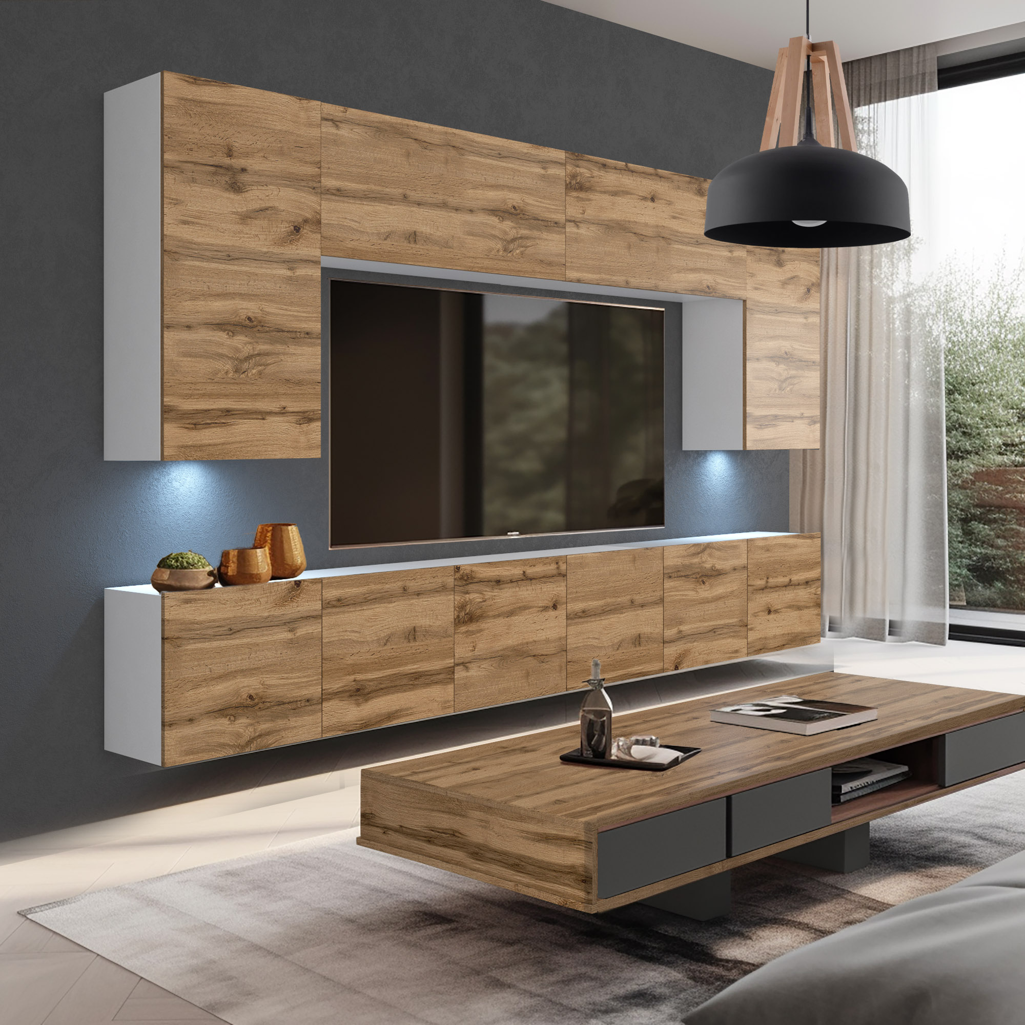 Mur TV bois et blanc avec table basse assortie