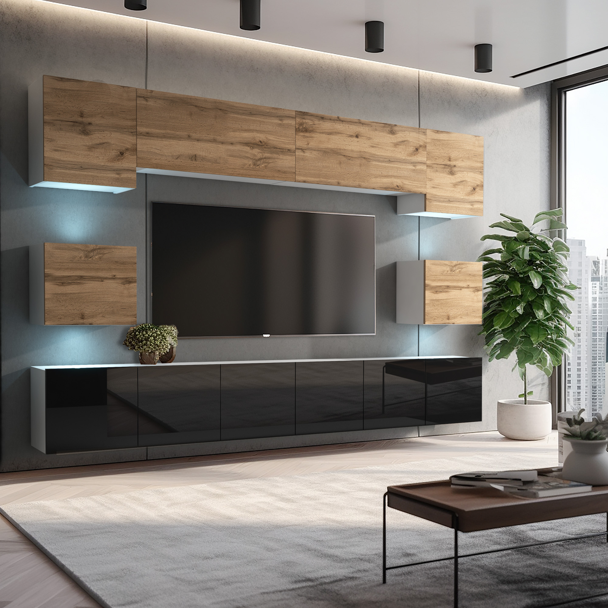 Mur TV bois et noir brillant avec éclairage LED