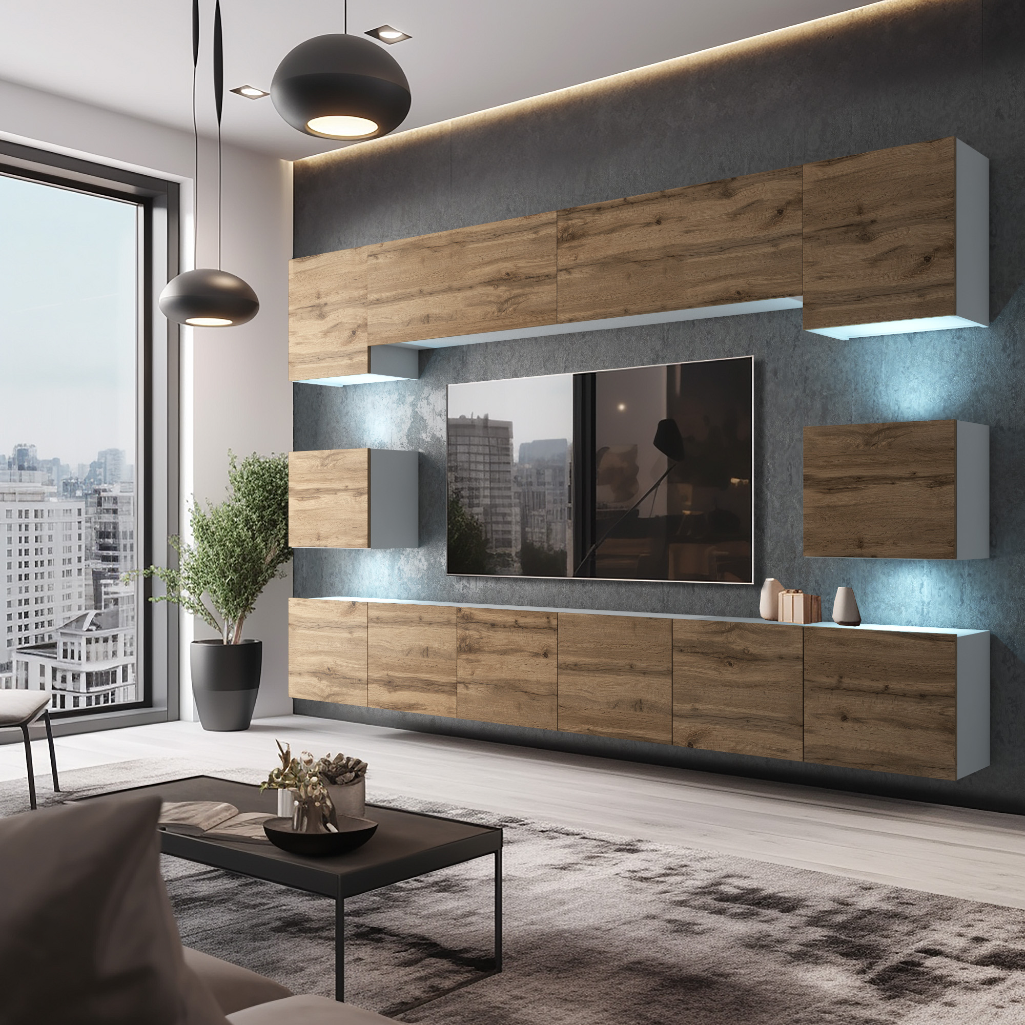 Mur TV avec meubles suspendus bois et éclairage LED