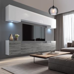 Mur TV bicolore, meubles suspendus blanc et chêne gris