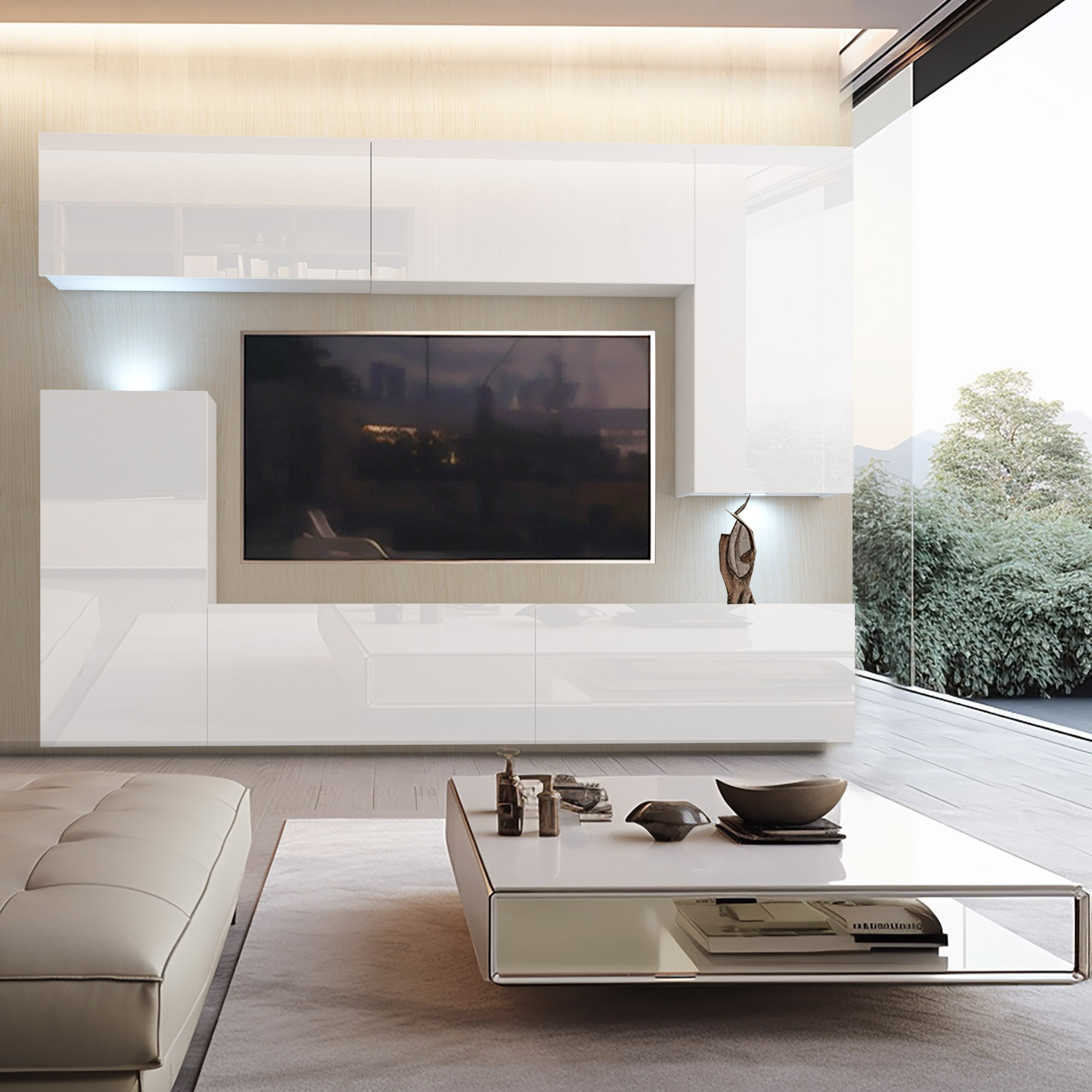 Salon: mur TV blanc laqué et table basse brillante