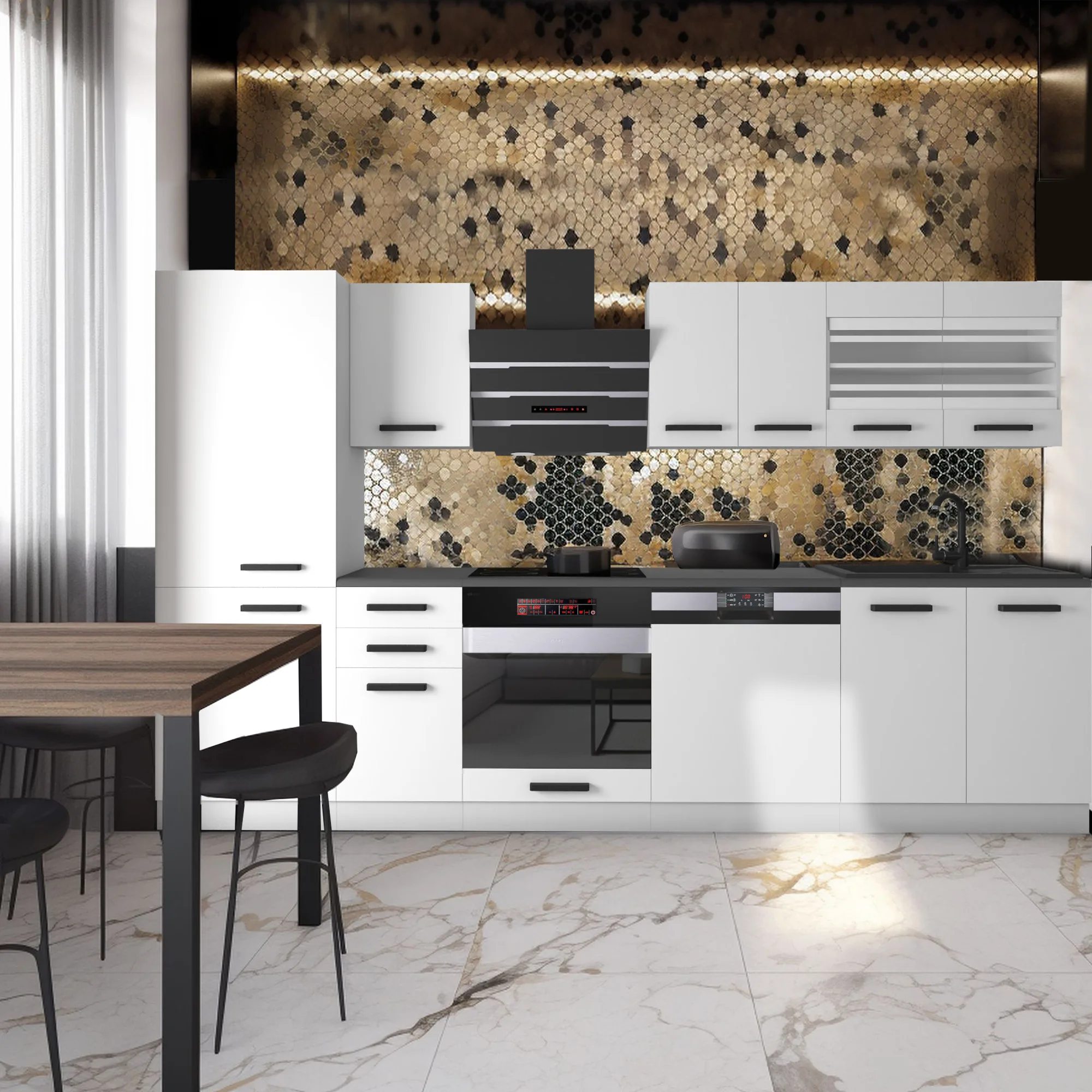 Cuisine blanche avec crédence mosaïque dorée et noire