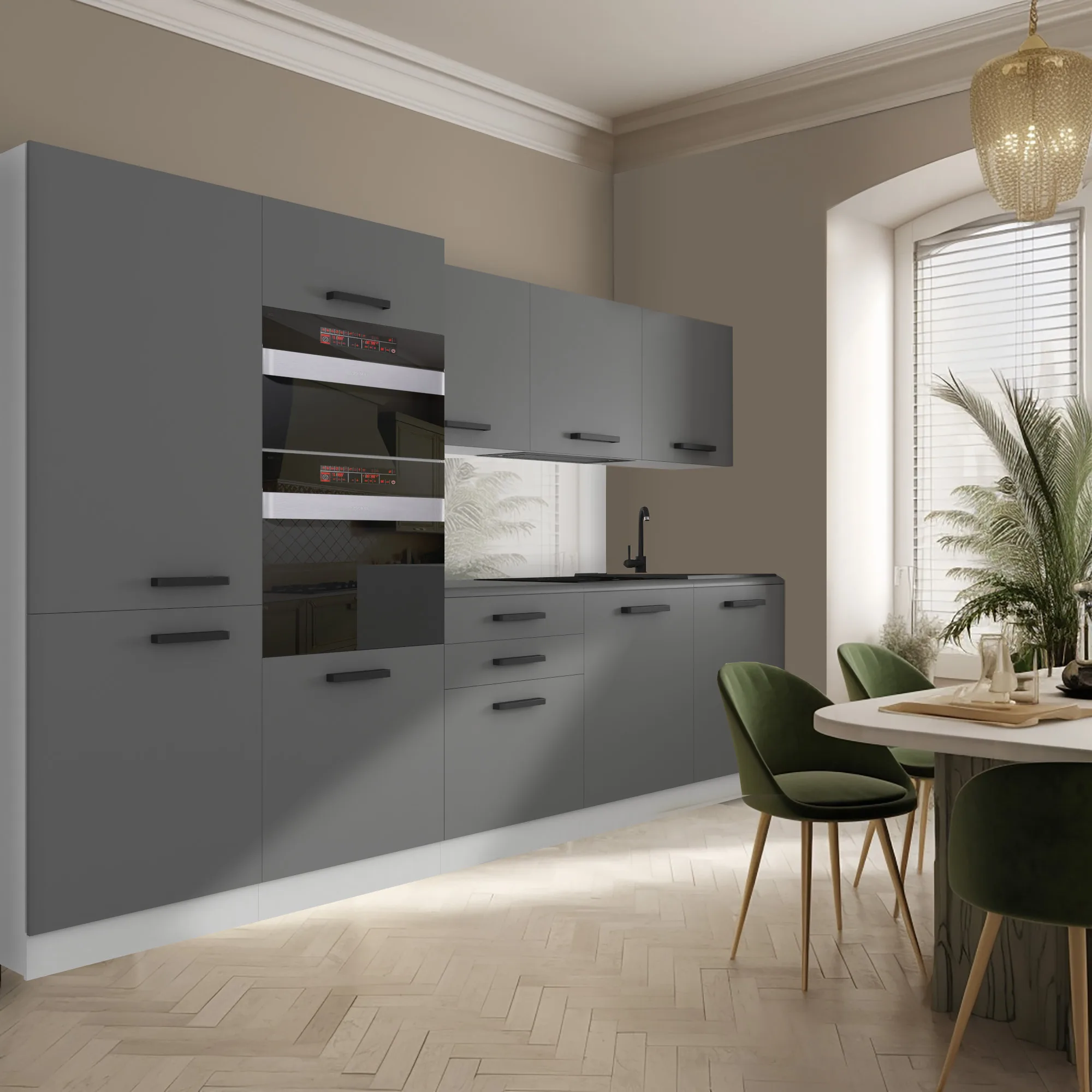 Cuisine grise mate avec table ronde et chaises vertes