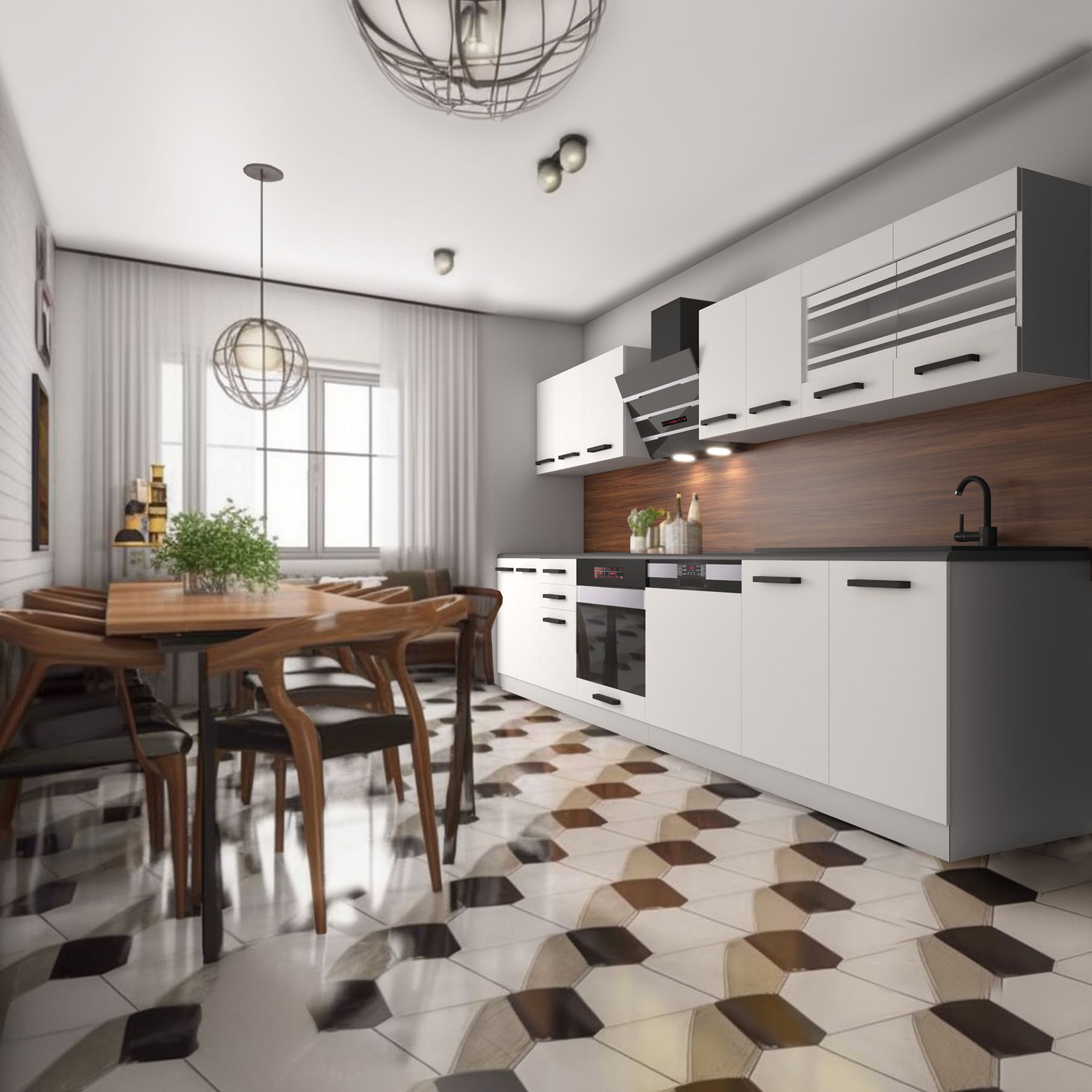 Cuisine blanche, bois et carrelage hexagonal brillant