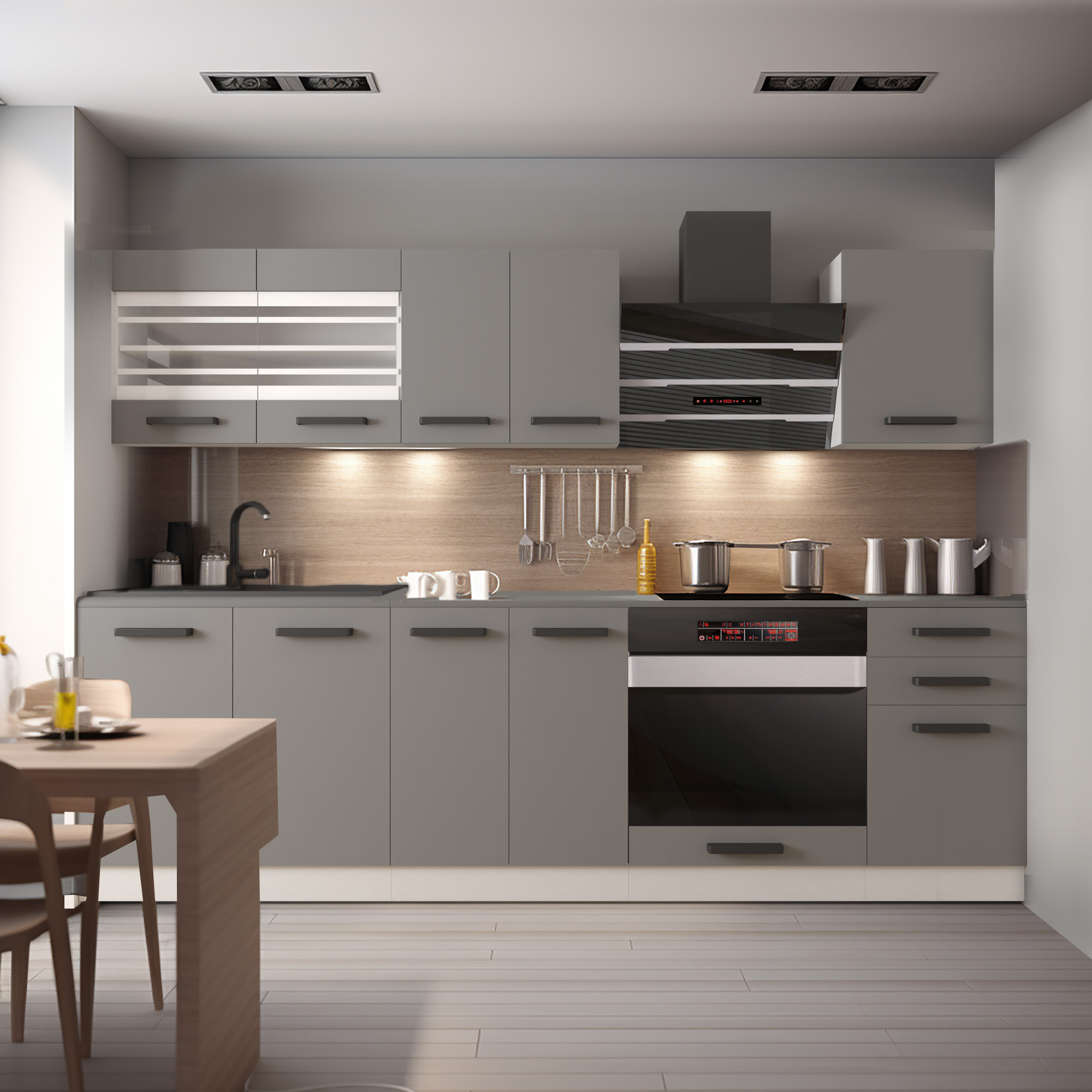 Cuisine grise mate avec crédence bois et éclairage LED