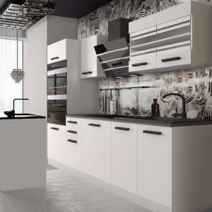 Cuisine blanche, crédence graphique noir et argent