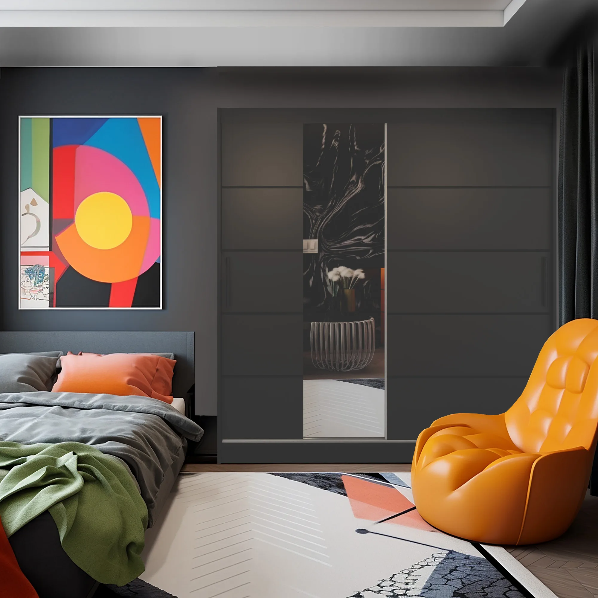 Chambre graphite avec armoire miroir et fauteuil orange