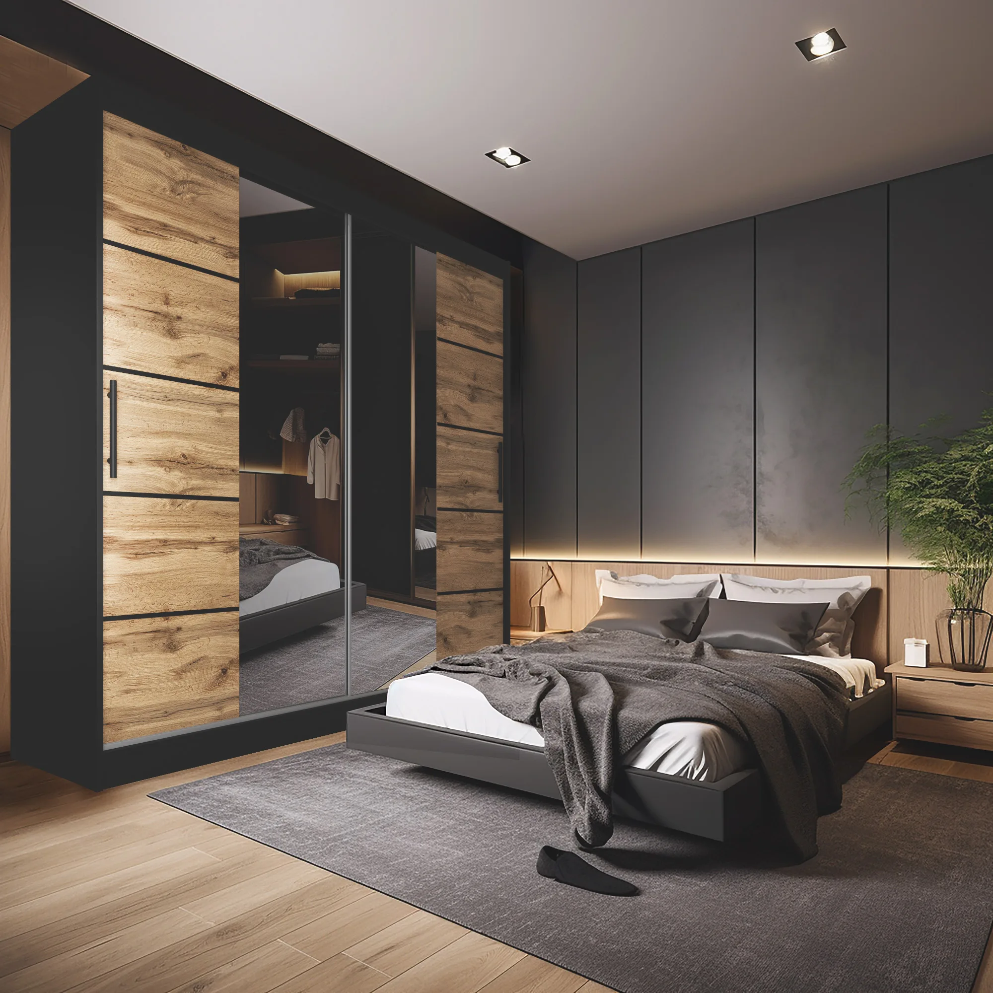 Chambre graphite-bois avec armoire miroir et lit bas