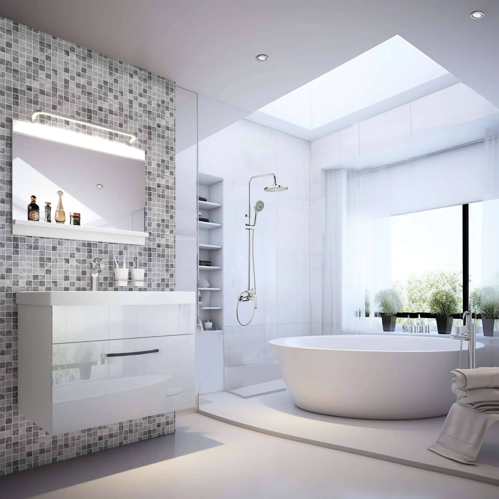 Salle de bains claire avec baignoire îlot et douche pluie