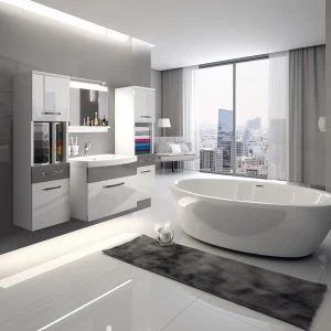 Salle de bain lumineuse, baignoire îlot et meubles laqués