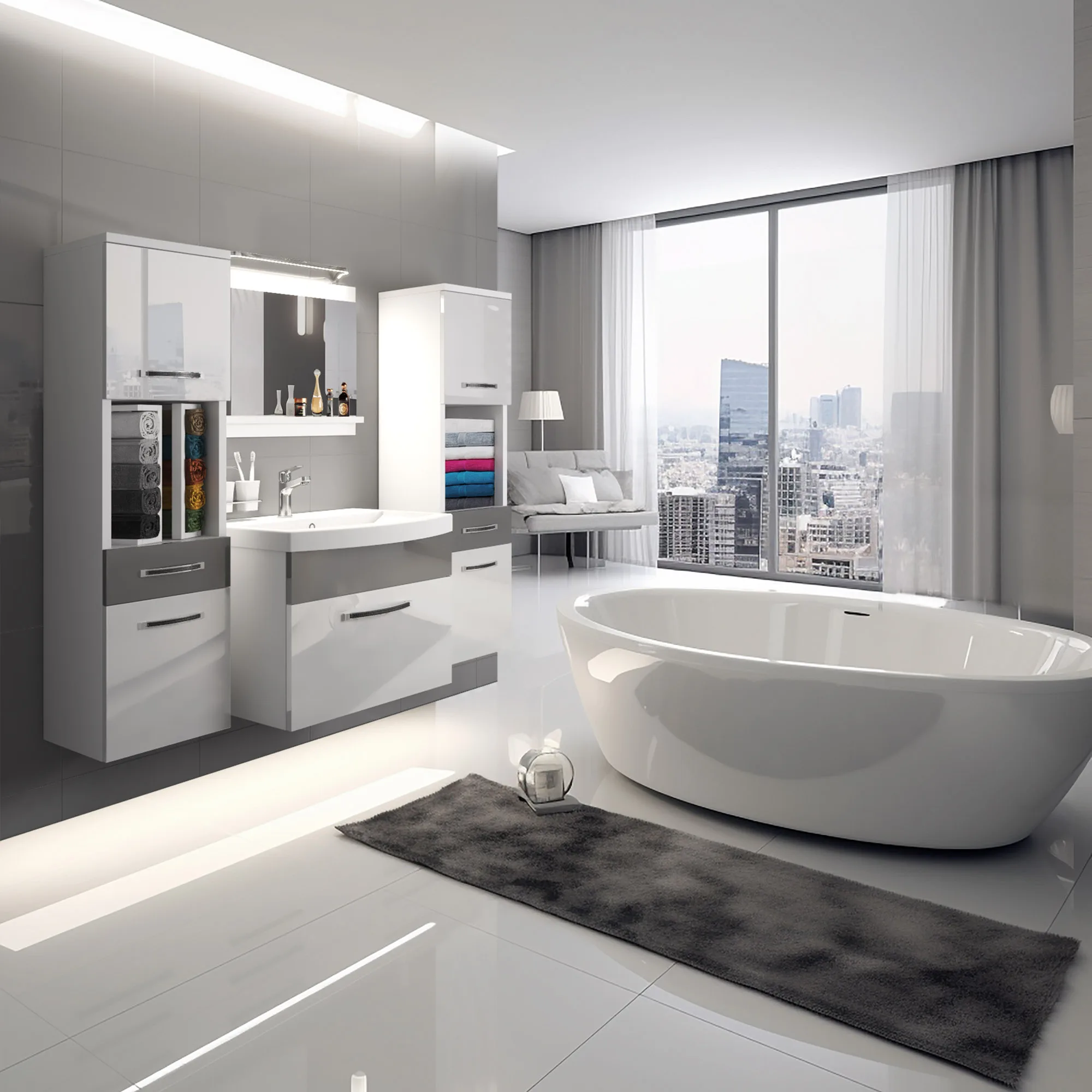 Salle de bain lumineuse, baignoire îlot et meubles laqués