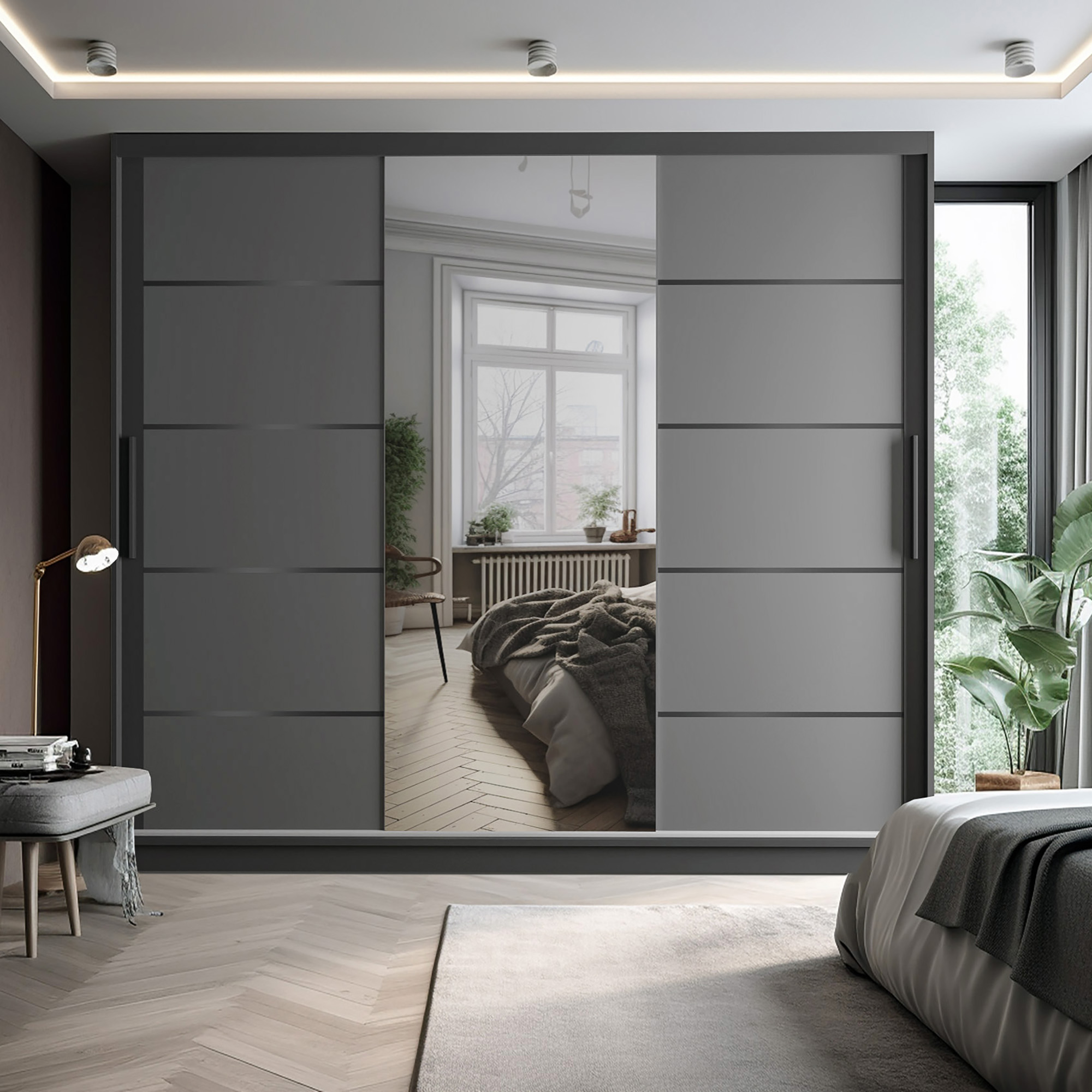 Penderie grise à portes coulissantes avec miroir