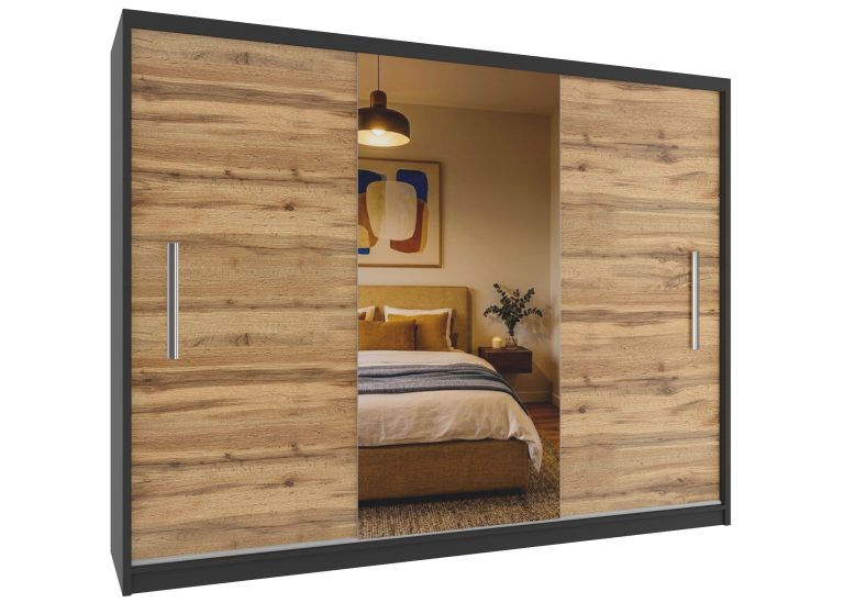 Armoire coulissante 232 cm avec miroir chêne wotan / chêne sonoma – Producteur MES PRIMO SZP4/2/1B/2DW1L/0/AL