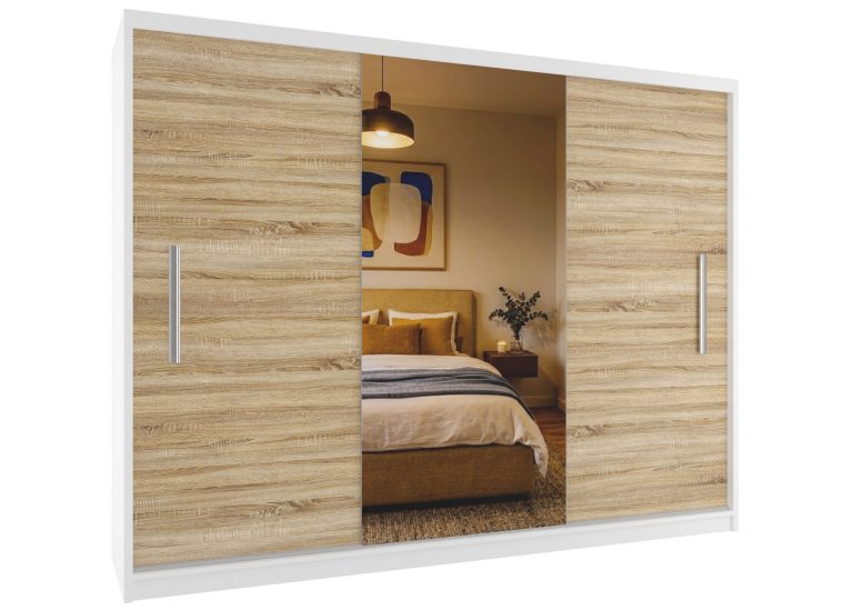 Armoire coulissante 232 cm avec miroir chêne wotan / chêne sonoma – Producteur MES PRIMO SZP4/2/1W/2DS1L/0/AL