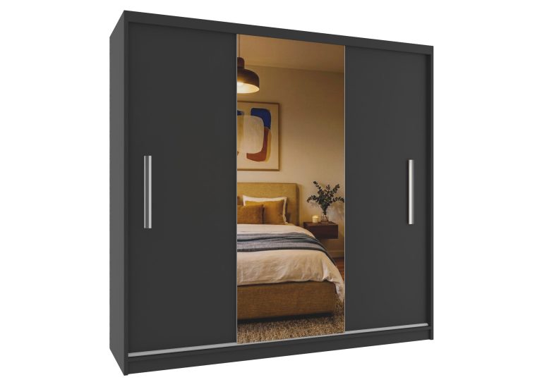 Armoire coulissante 200 cm PRIMO avec miroir noir ébène mat – Producteur MES PRIMO SZP1/1/B/B/0/AL