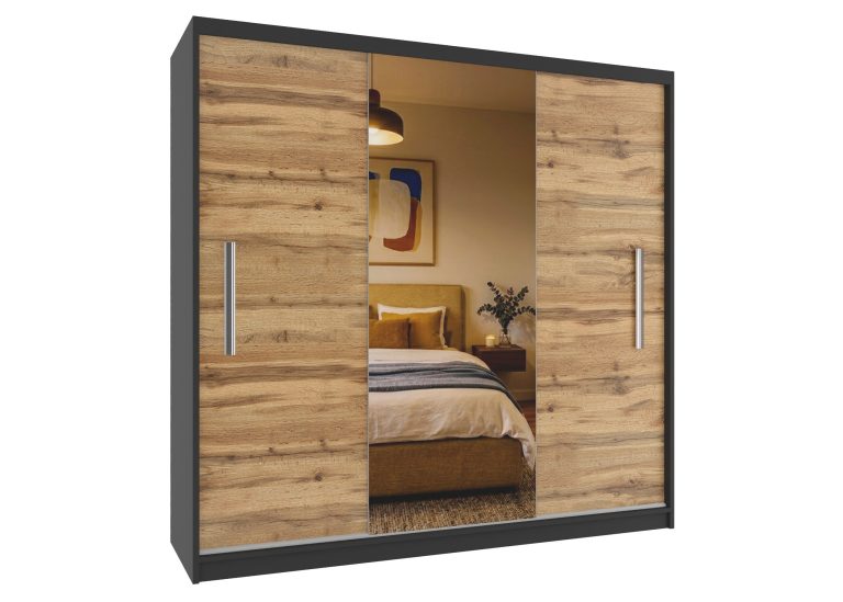 Armoire coulissante 200 cm PRIMO avec miroir chêne wotan mat – Producteur MES PRIMO SZP1/1/B/DW/0/AL