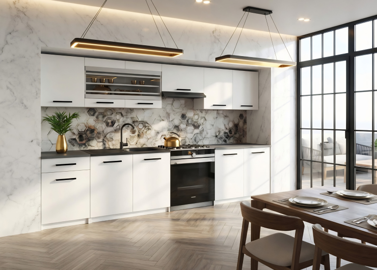 Cuisine 260 cm blanc mat avec plan de travail – Producteur TOR PRIMO260/3/WT/WT/0/B1