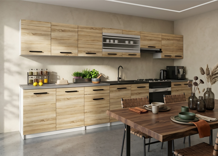 Cuisine 320 cm chêne wotan / chêne sonoma avec plan de travail – Producteur TOR PRIMO320/4/WT/DS/0/B1