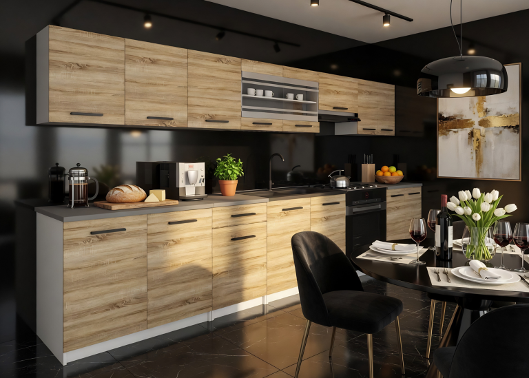 Cuisine 320 cm chêne wotan / chêne sonoma avec plan de travail – Producteur TOR PRIMO320/4/WT/DS/0/B1