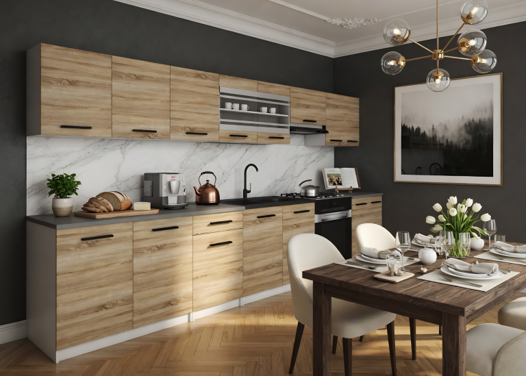 Cuisine 320 cm chêne wotan / chêne sonoma avec plan de travail – Producteur TOR PRIMO320/4/WT/DS/0/B1