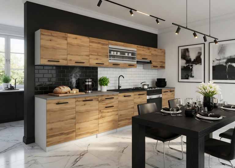 Cuisine 320 cm chêne wotan / chêne sonoma avec plan de travail – Producteur TOR PRIMO320/4/WT/DW/0/B1