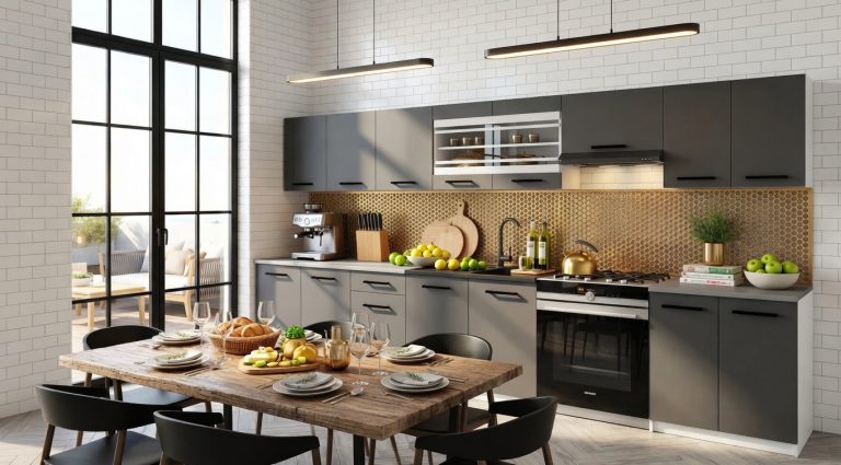 Cuisine 320 cm gris anthracite graphite avec plan de travail – Producteur TOR PRIMO320/4/WT/SR/0/B1