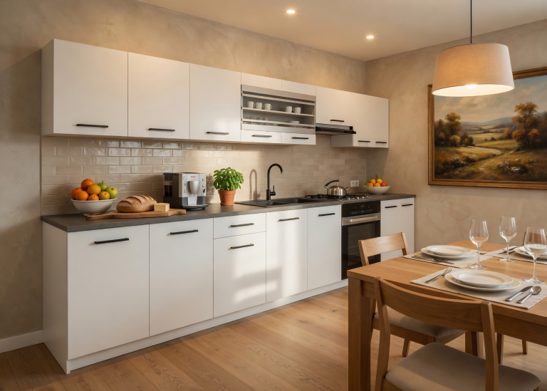 Cuisine 320 cm blanc mat avec plan de travail – Producteur TOR PRIMO320/4/WT/WT/0/B1