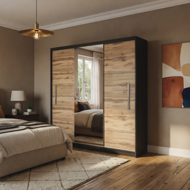 Armoire coulissante 200 cm PRIMO avec miroir chêne wotan mat – Producteur MES PRIMO SZP1/1/B/DW/0/AL