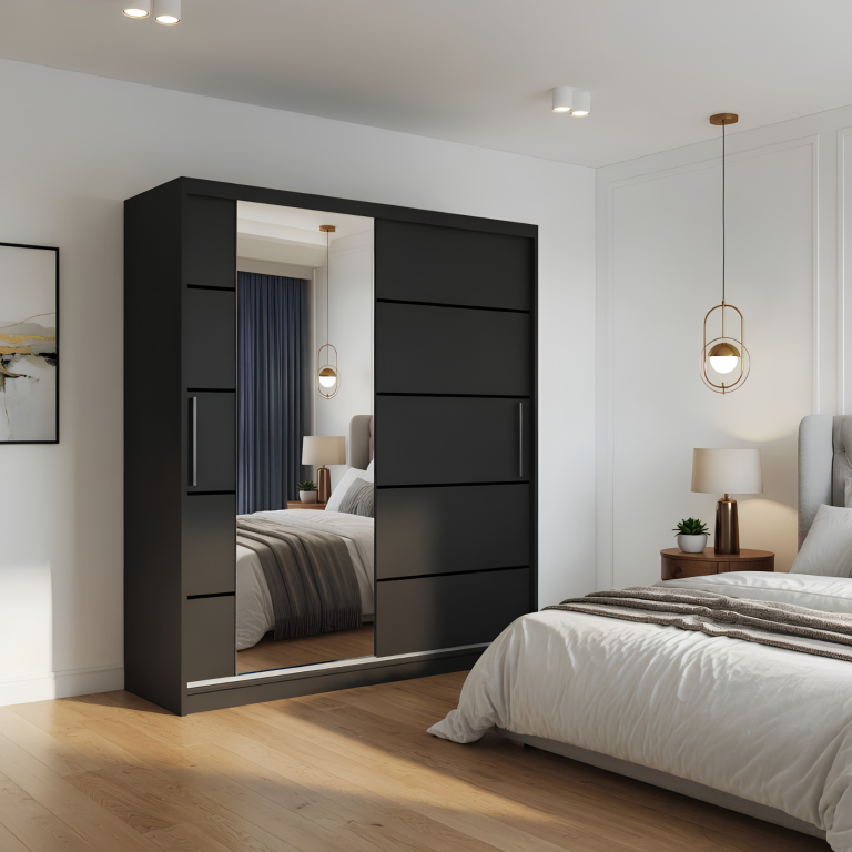 Armoire 158 cm Belini noir mat avec portes coulissantes, miroir et tiroirs Fabricant MBP SZP7/0/B/B/0/KLP