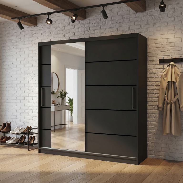 Armoire 158 cm Belini noir mat avec portes coulissantes, miroir et tiroirs Fabricant MBP SZP7/0/B/B/0/KLP