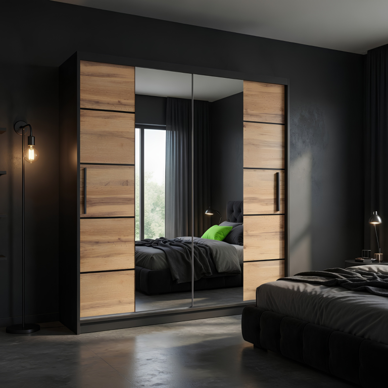 Armoire 158 cm Belini noir mat / chêne wotan avec portes coulissantes, miroir et tiroirs Fabricant ME SZP7/0/B/DW/0/KLP/