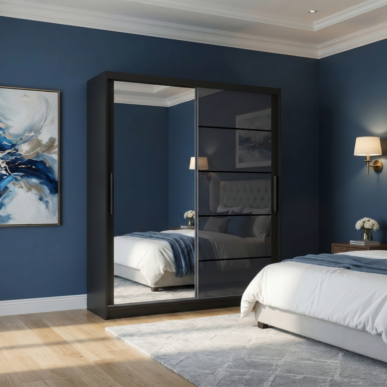 Armoire 133 cm Belini noir mat / gris brillant avec portes coulissantes miroir et tiroirs Fabricant MGB SZP6/1/B/1L5S/KLP