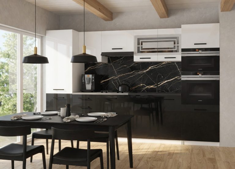 Meubles de cuisine 300 cm blanc brillant noir brillant avec plan de travail Fabricant INF SYNTKA2/5/WT/WB/0/B1