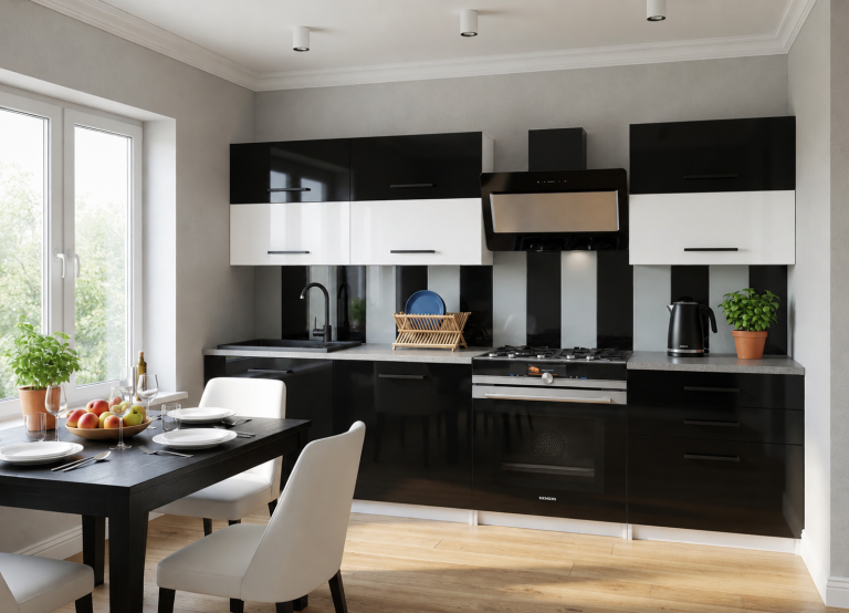Meubles de cuisine 180 cm noir brillant blanc brillant avec plan de travail Fabricant INF PRIMERA2/2/WT/BWTB/0/B1