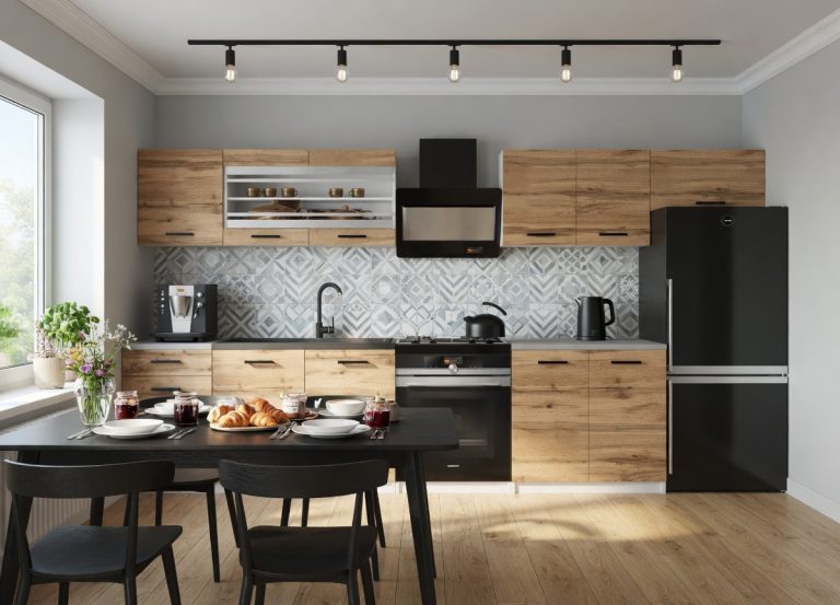 Meubles de cuisine 240 cm en chêne Wotan et chêne Sonoma avec plan de travail Fabricant TOR ELLA2/5/WT/DW/0/B1