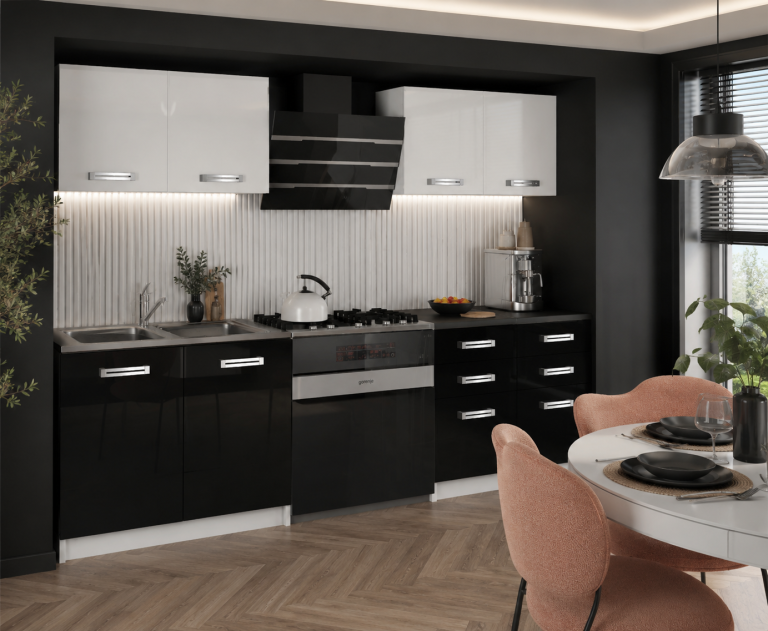 Meubles de cuisine 160 cm blanc brillant noir brillant avec plan de travail Fabricant INF KOMPAKTO/3/WT/WB/0/D
