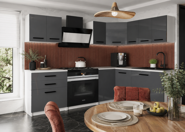 Meubles de cuisine 300 cm gris brillant anthracite graphite avec plan de travail Fabricant INF ARMIN2/3/WT/S/0/B1