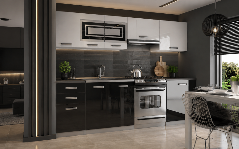 Meubles de cuisine 240 cm blanc brillant noir brillant avec plan de travail Fabricant INF MARIKA/4/WT/WB/0/F