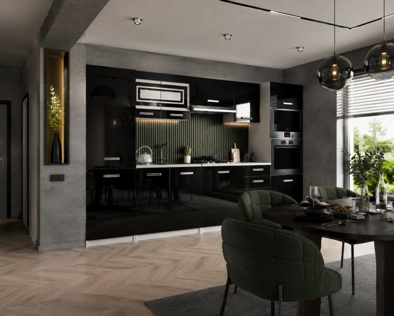 Meubles de cuisine 300 cm noir brillant avec plan de travail Fabricant INF SYNTKA/7/WT/B/0/F