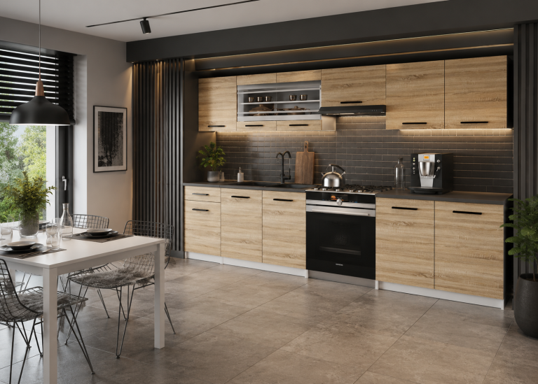 Meubles de cuisine 260 cm en chêne Wotan et chêne Sonoma avec plan de travail Fabricant TOR JUSTYNA/3/WT/DS/0/B1