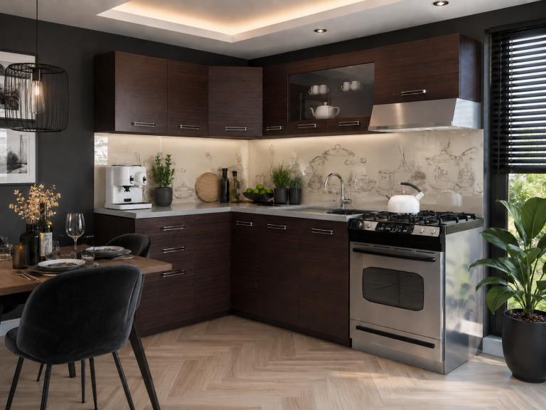 Meubles de cuisine 360 cm brun châtaigne avec plan de travail – Déstockage LOS ANGELES/1/KN/KN/0/F