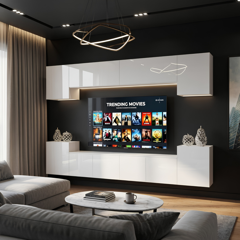 Ensemble mural TV/RTV 300 cm blanc brillant – Déstockage CHICAGO 4/5/W/W/0/0