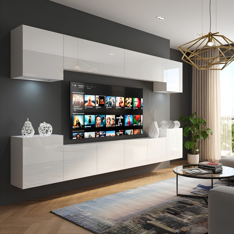 Ensemble mural TV/RTV 300 cm blanc brillant – Déstockage CHICAGO 4/5/W/W/0/0